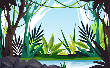 Obraz premium Jungle landscape or rainforest scape vector banner