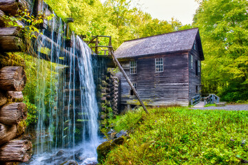 Water cascades from trough at Mingus Mill in Great Smoky Mountains National Park