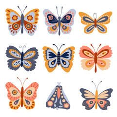 Fototapeta na wymiar Set of cute butterflies. White background, isolate. Vector illustration. Hand drawn style.