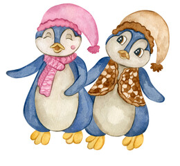 Two Christmas penguins. Watercolor winter cartoon characters. Hand draw winter holiday  design.
