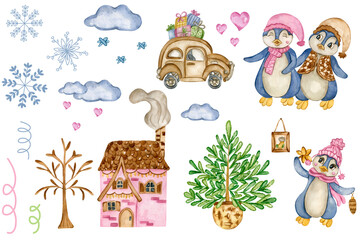 Cute Christmas penguins. Watercolor car with gifts, blue  snowflake, christmas tree, cute antartic characters and snowy pink house. Hand draw New Year collection.  Snowy clouds illustration.