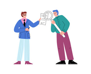 Businessmen study clauses of company rules, flat vector illustration isolated.