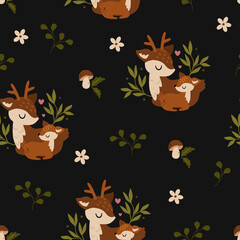 seamless pattern with deer and mushrooms