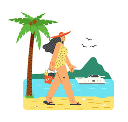 Woman in swimsuit walking on the beach, flat vector illustration isolated.