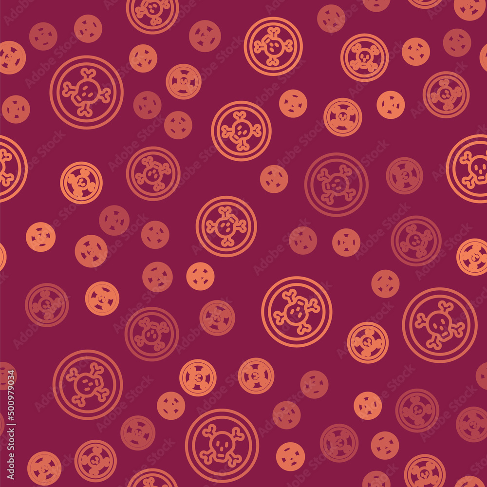 Poster brown line bones and skull as a sign of toxicity warning icon isolated seamless pattern on red backg