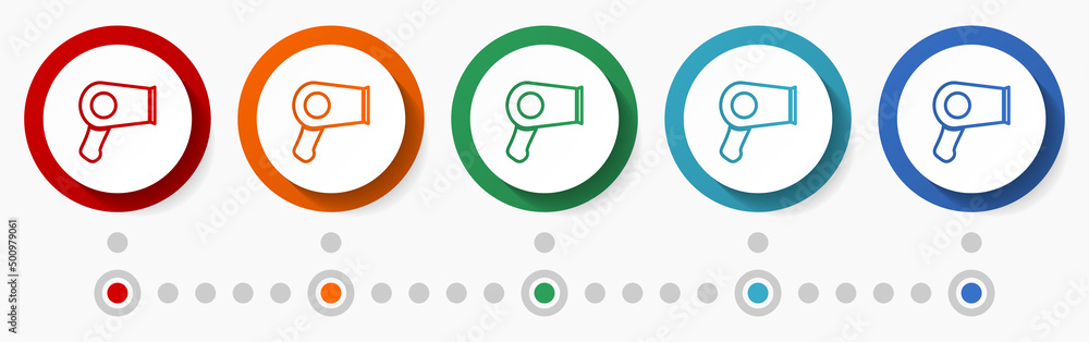 Poster hair dryer concept vector icon set, infographic template, flat design circle colorful web buttons in