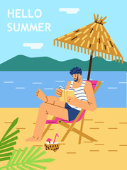 Tourist reads book on beach, man relaxing, resting on beach, vector flat illustration.