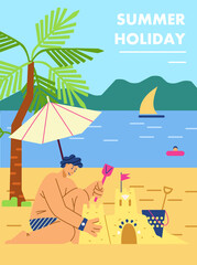 Summer holiday poster with man rests on the seashore, flat vector illustration.