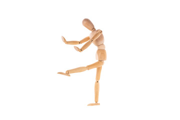 wooden man in martial arts stand isolated on white background. Stretch concept