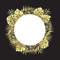 Round frame with leaves of tropical plants. Vector golden gradient illustration  on a black background.