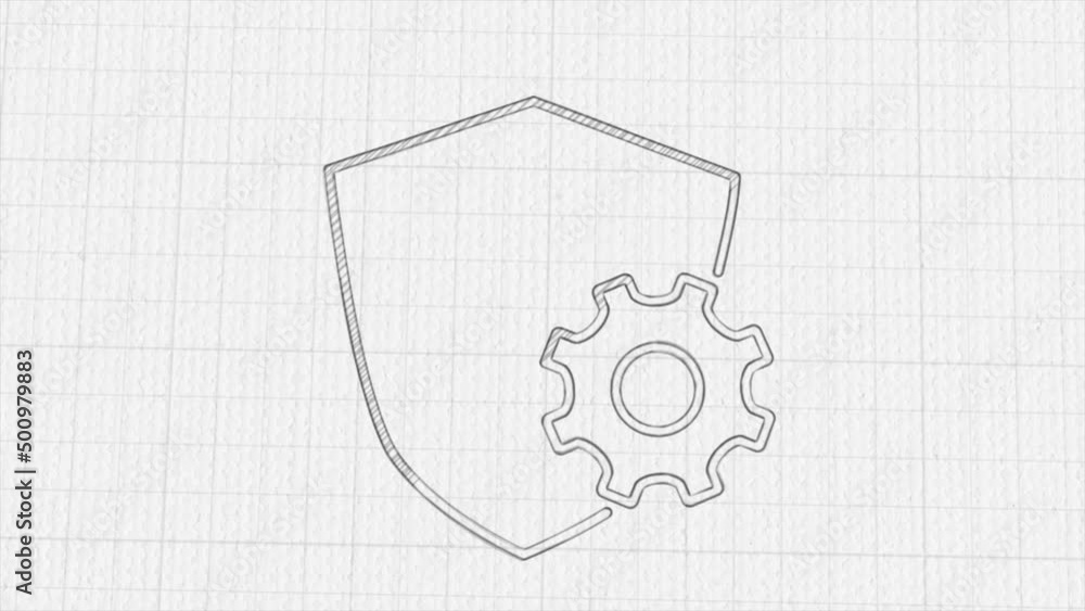 Poster Shield with settings gear icon with color drawing effect. Doodle animation. 4K