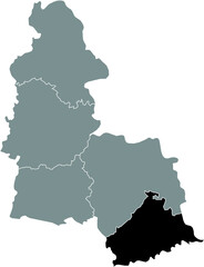 Obraz premium Black flat blank highlighted location map of the OKHTYRKA RAION inside gray raions map of the Ukrainian administrative area of Sumy Oblast, Ukraine