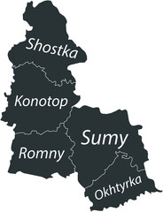 Dark gray flat vector map of raion areas of the Ukrainian administrative area of SUMY OBLAST, UKRAINE with white border lines and name tags of its raions