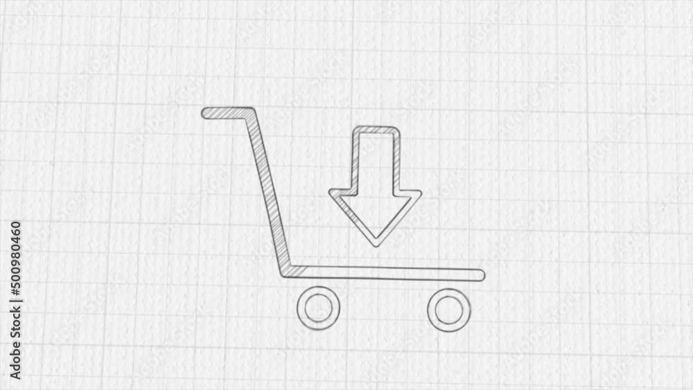 Poster shopping cart icon with color drawing effect. doodle animation. 4k