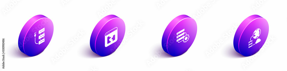 Poster set isometric server, broken file, and gear and network cloud connection icon. vector