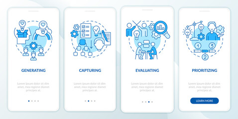 Fototapeta na wymiar Innovation management process blue onboarding mobile app screen. Walkthrough 4 steps graphic instructions pages with linear concepts. UI, UX, GUI template. Myriad Pro-Bold, Regular fonts used