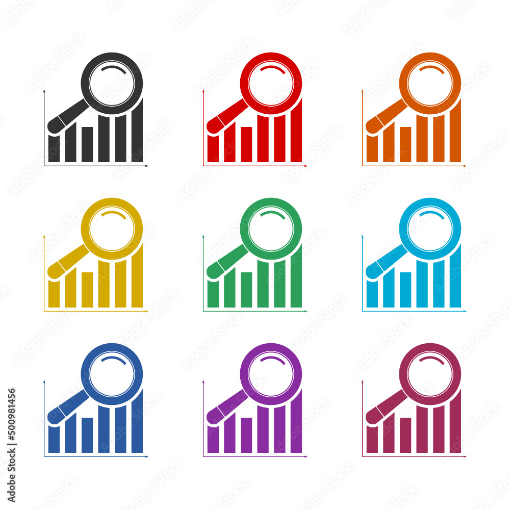 Aufkleber magnifying glass and data analysis icon color set isolated on white background