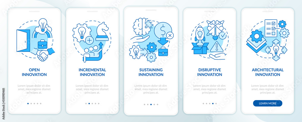 Poster types of innovation in business blue onboarding mobile app screen. walkthrough 5 steps graphic instr
