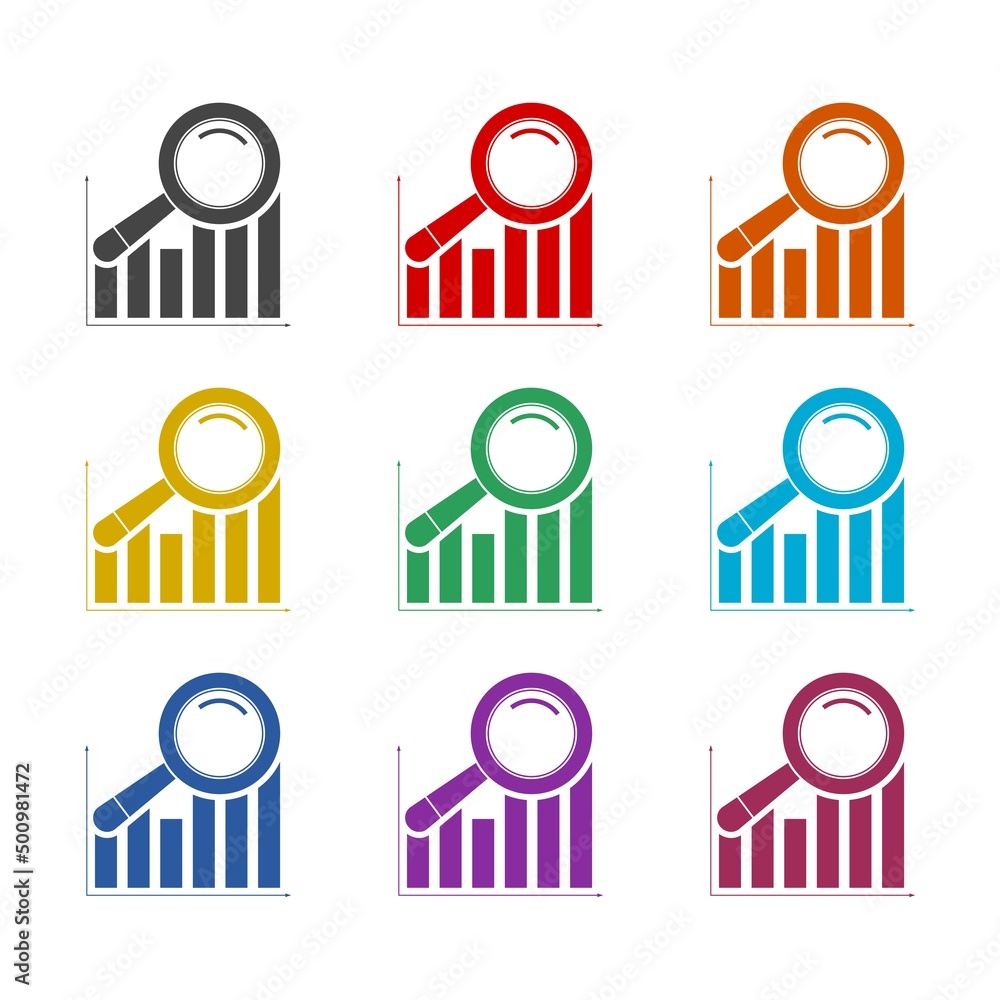Aufkleber magnifying glass and data analysis icon color set isolated on white background