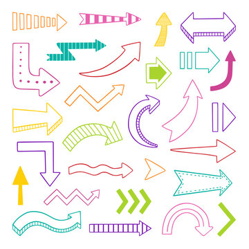 Hand drawn set of arrows doodle. Vector illustration isolated on white background.