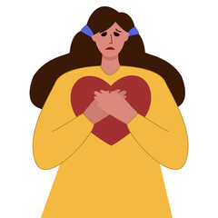 Sad woman in blue clothes with blue ribbons on hair holding red heart