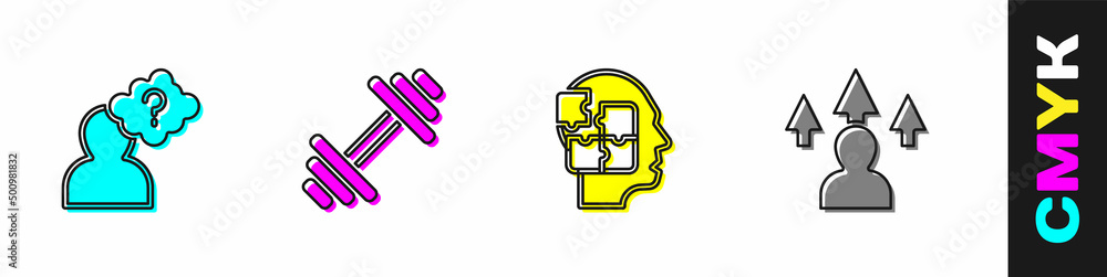 Aufkleber set head with question mark, dumbbell, puzzles strategy and front end development icon. vector