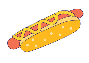 Hot dog with mustard in cartoon style isolated on white background.