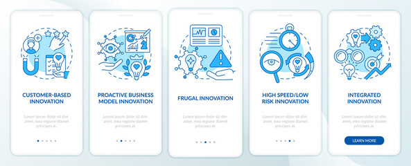 Future innovation management aspects blue onboarding mobile app screen. Walkthrough 5 steps graphic instructions pages with linear concepts. UI, UX, GUI template. Myriad Pro-Bold, Regular fonts used