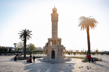 Clock tower in Izmir. Empty Konak Square view with historical clock tower.