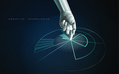 Vector image, background in dark blue colors with a graph and a robot arm on a futoristic theme