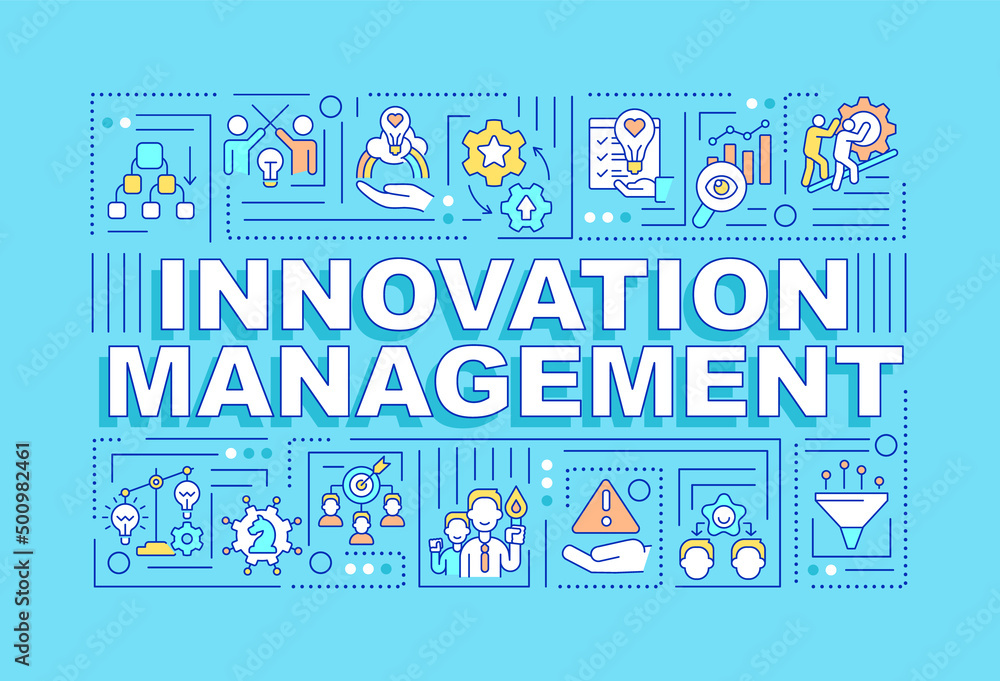 Poster innovation management word concepts turquoise banner. generating new ideas. infographics with icons 