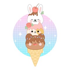 Cute animal-shaped ice cream with icing, flower and cherry. Rabbit, cat, bear. On a brilliant pink-turquoise background.