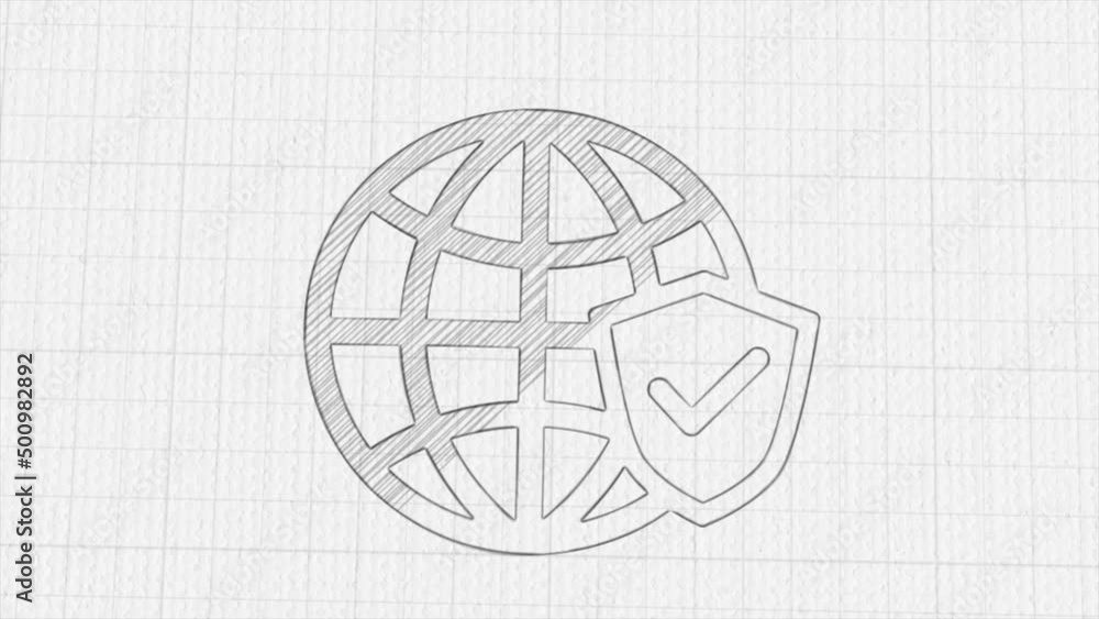 Leinwandbilder earth globe and shield with checkmark icon with color drawing effect. doodle animation. 4k