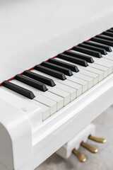 Vertical close-up photo of a white grand piano keyboard. Concept for classic music poster, school or studio