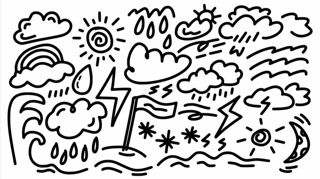 weather forecast and beach situation icon set with doodle comic hand drawn outline art style vector template collection for comic coloring book and sticker