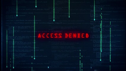 access denied computer hacking error message and warning with glitch text and noise effects