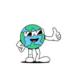 Cartoon planet earth stands and cheerfully shows thumbs up.Character earth globe.Earth day celebration concept.Stock vector illustration of planet earth.Isolated white background.