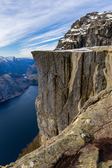 Preikestolen or Prekestolen, a 604 m high cliff in Norway, located by the Lysefjord.