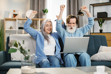 Elderly couple seated on couch looking at laptop screen scream with joy feels excited happy celebrating lottery victory, lucky moment, got online opportunity, sales and discounts e-commerce concept