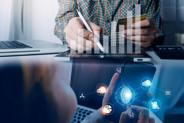 futuristic digital processing of biometric identification fingerprint scanner. concept of surveillance and security scanning of digital programs cyber futuristic applications