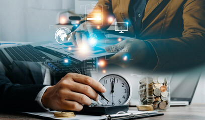 Online transactions, Businessman touching fingerprint scan provides security interface payment shopping banking and cloud computing network connection on virtual screen.