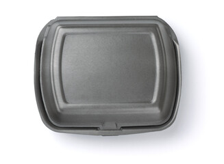 Closed disposable gray styrofoam food container
