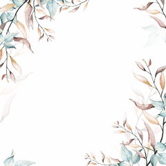 Fototapeta na wymiar Watercolor painted floral frame on white background. Pink and blue branches and leaves. Vector traced illustration.