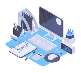 Isometric workplace, freelancer desk with notebook, headphones, keyboard and laptop. Creative workspace, computer, mouse and stationery vector symbols illustration. Home office desk