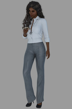 Full body portrait of Livvie, a young beautiful woman standing on an isolated background. Livvie is a 3D illustration computer model render. 