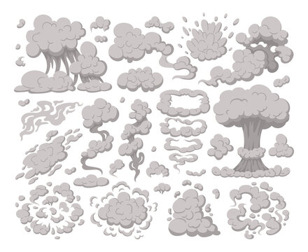 Cartoon comic book dust clouds, smoke puff stream cloud elements. Steaming dust, cloud puffs silhouettes vector symbols illustrations set. Smoke explosion clouds