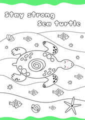 Easy coloring page for children. Turtle, fish wave Underwater cute animal coloring page for kids. Kids education kid game child activity Sea coloring book. Ocean page be colored. Vector illustration.