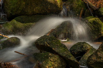 Cerveny creek with Cerveny waterfall in Jizerske mountains in spring morning