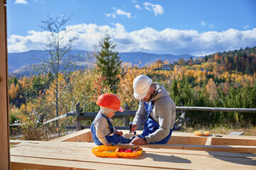 Father with toddler son building wooden frame house. Male builders hammering nail into plank on construction site, wearing helmet and blue overalls on sunny day. Carpentry and family concept.