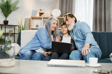 Happy family of grandparents and their grandson boy having fun together while watching movie on laptop and having video chat with relatives online, hugging and laughing sitting on the couch.